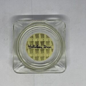 Vintage Holiday Inn Glass Ashtray Square Clear Yellow Logo Hotel Memorabilia